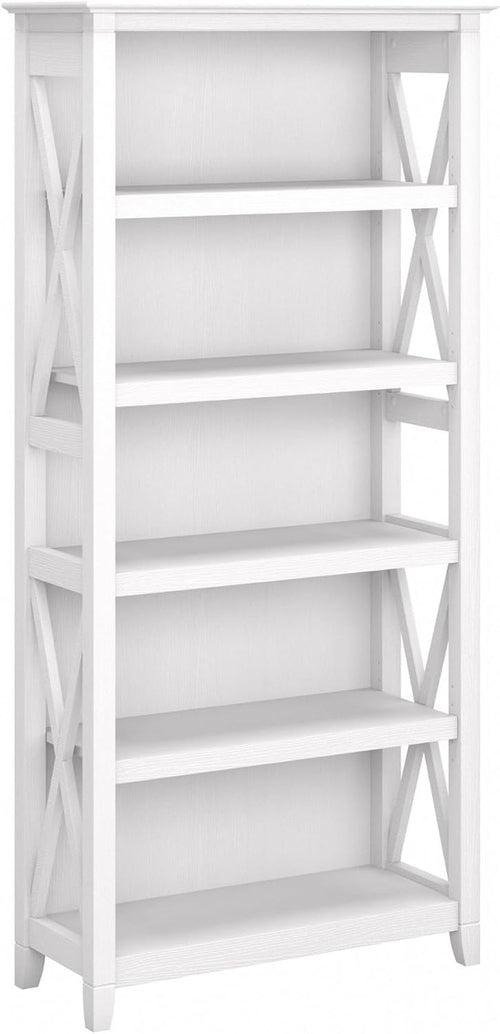 Key West Tall 5-Shelf Modern Farmhouse Bookcase – Adjustable Shelves, Sturdy Post Leg Design, Coastal Rustic Storage for Living Room & Home Office Peach Maple