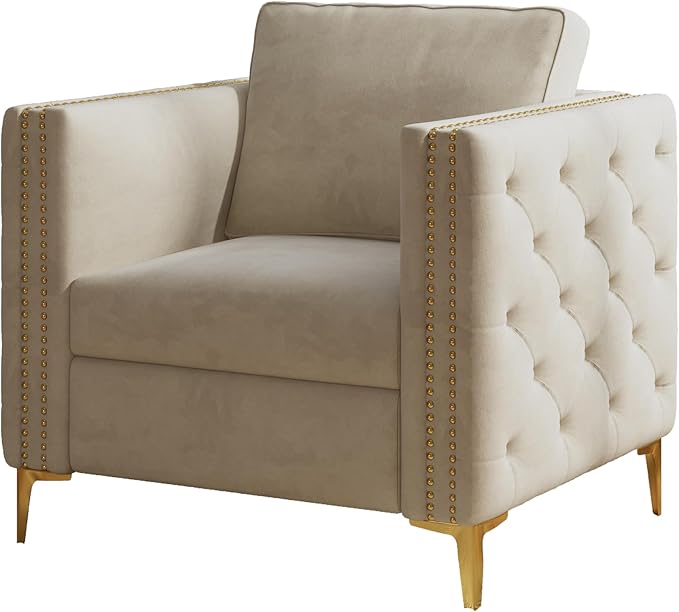 Beige Velvet Accent Chair with Gold Metal Legs – Tufted Armrests & Spring Foam Cushion for Living Room and Bedroom Sangria Beech
