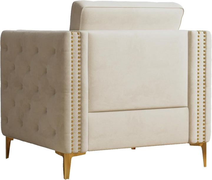 Beige Velvet Accent Chair with Gold Metal Legs – Tufted Armrests & Spring Foam Cushion for Living Room and Bedroom Sangria Beech