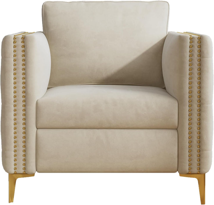 Beige Velvet Accent Chair with Gold Metal Legs – Tufted Armrests & Spring Foam Cushion for Living Room and Bedroom Sangria Beech