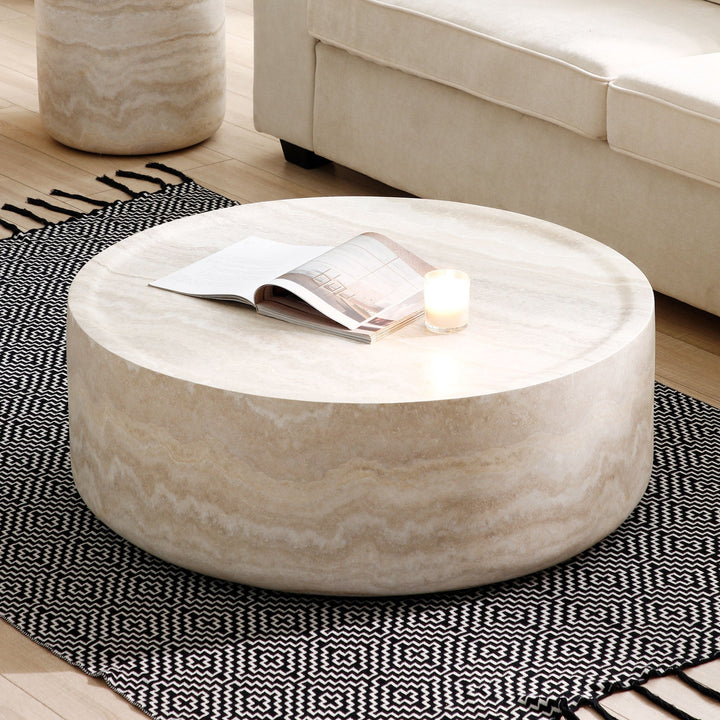 Modern Round Faux Travertine Coffee Table – 31.5" Fiberglass Center Table for Living Room, No Assembly Needed Sangria Beech