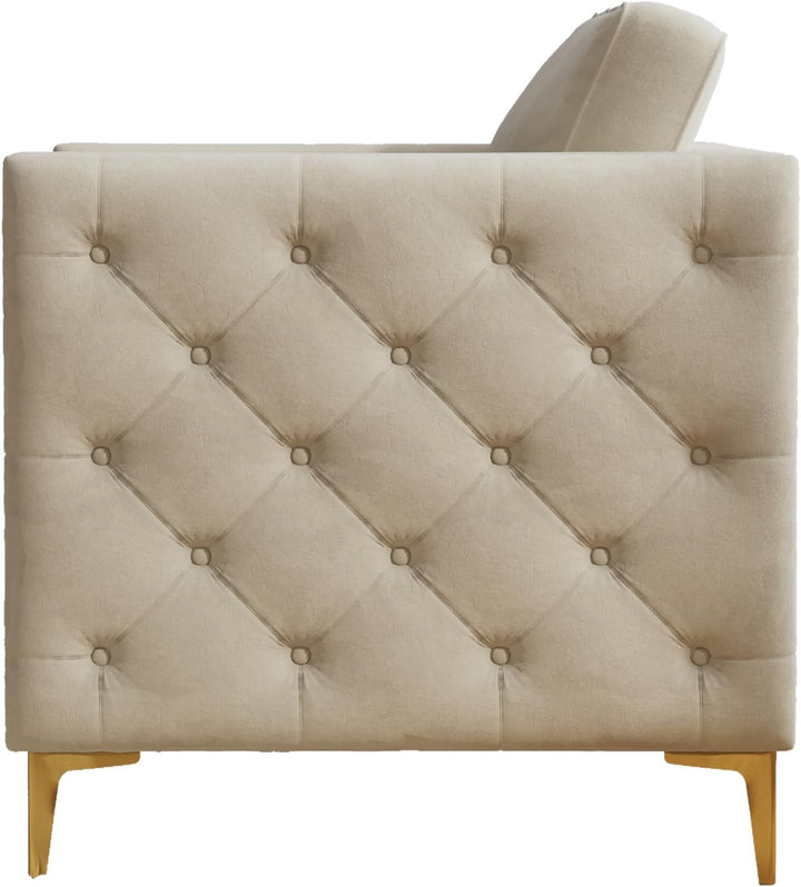 Beige Velvet Accent Chair with Gold Metal Legs – Tufted Armrests & Spring Foam Cushion for Living Room and Bedroom Sangria Beech