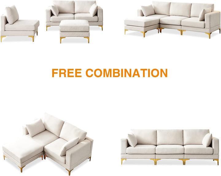 Beige L-Shaped Sectional Sofa with Ottoman – Gold Metal Legs, High-Density Foam & Removable Covers, Modern Fabric Couch for Living Room Sangria Beech