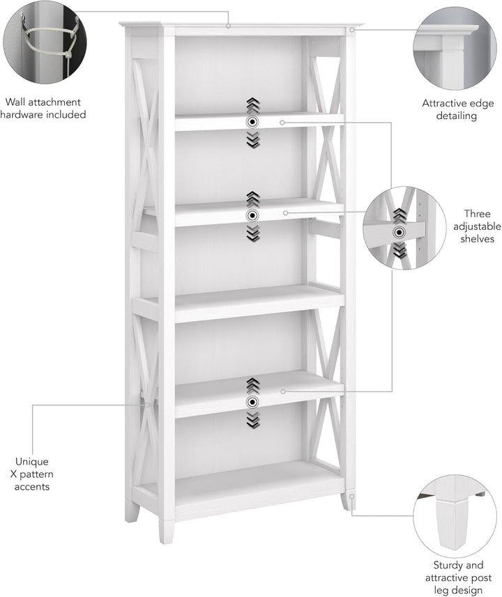 Key West Tall 5-Shelf Modern Farmhouse Bookcase – Adjustable Shelves, Sturdy Post Leg Design, Coastal Rustic Storage for Living Room & Home Office Peach Maple