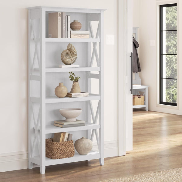 Key West Tall 5-Shelf Modern Farmhouse Bookcase – Adjustable Shelves, Sturdy Post Leg Design, Coastal Rustic Storage for Living Room & Home Office Peach Maple