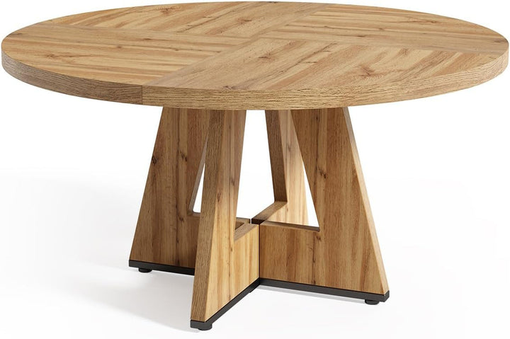 47" Round Farmhouse Dining Table with Pedestal Base – Seats 4-6, Light Brown Peach Maple