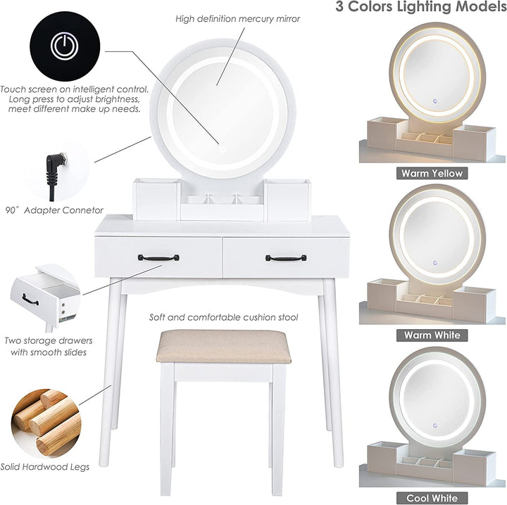 UTEX Makeup Vanity Set with Mirror and 3-Color Adjustable LED Lights – White Dressing Table with Stool, Drawers & Storage Boxes Peach Maple