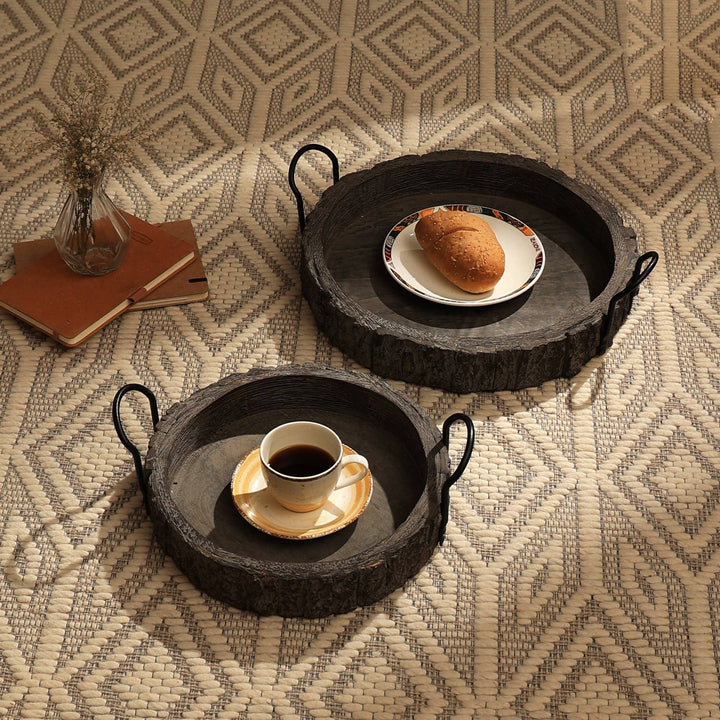 Cenecharl Handmade Round Mango Wood Decor & Serving Tray With Metal Handle-Black GH Modern Living