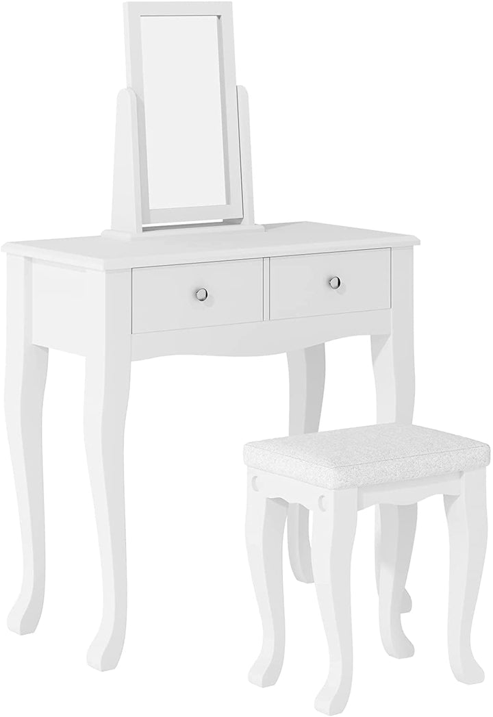 Modern Vanity Table Set with 360° Pivoting Mirror and Cushioned Stool – Makeup Dressing Table with 2 Drawers, Solid Wood & PU Seat Peach Maple