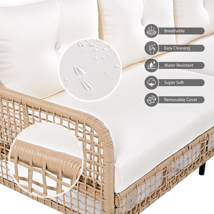 5-Piece Outdoor Patio Furniture Set with 3-Seat Sofa, 2 Swivel Chairs & Wood Coffee Table – PE Rattan Wicker, Beige Cushions, Weatherproof Design Sangria Beech