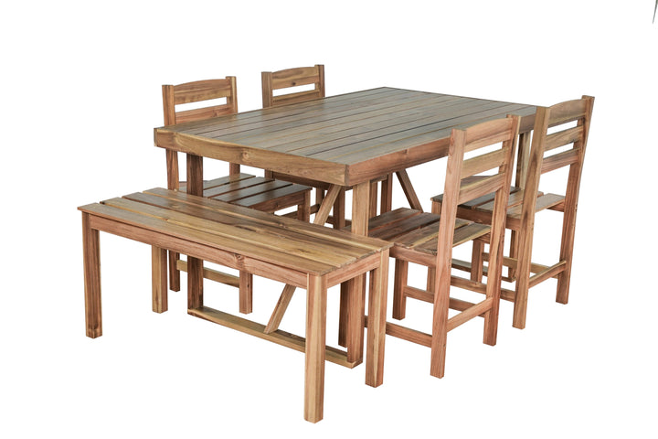 6-Piece Outdoor Acacia Wood Dining Set – Includes Table, Bench & 4 Chairs – Modern Patio Furniture for Garden, Balcony, or Deck (Brown) Sangria Beech