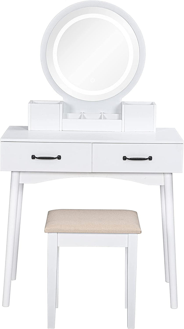 UTEX Makeup Vanity Set with Mirror and 3-Color Adjustable LED Lights – White Dressing Table with Stool, Drawers & Storage Boxes Peach Maple