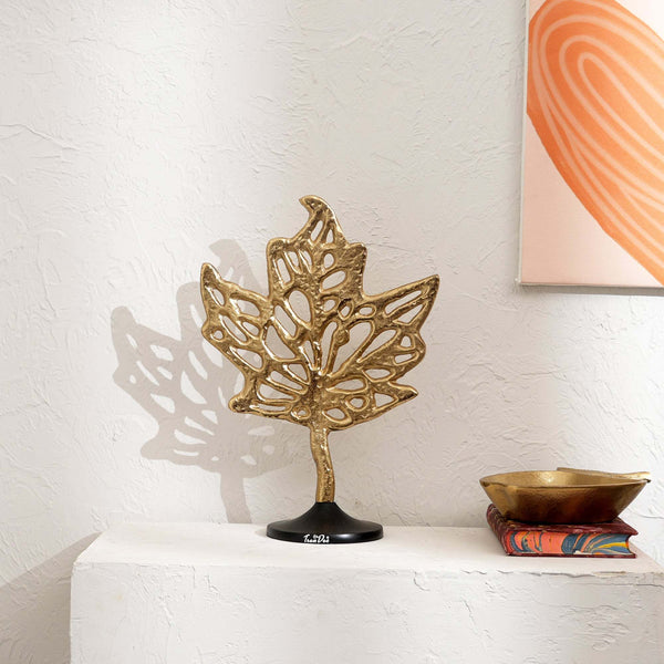 Aluminum Golden Maple Leaf Accent on Black Base – Stylish Table Décor Sculpture-11.5x5.5x16' GH Modern Living