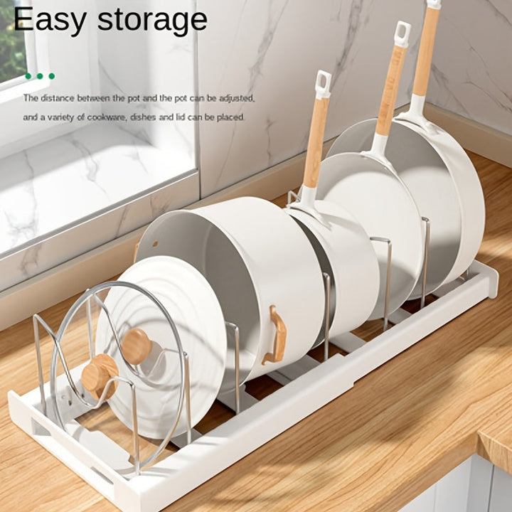 Retractable Pot Rack – Adjustable Pull-Out Kitchen Storage Organizer for Pots, Pans & Lids, Space-Saving Cabinet Shelf Champagne Apollo