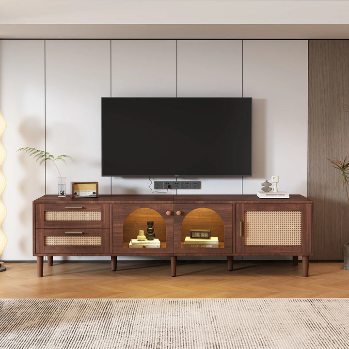 Rattan inspired TV Stand with 3 Cabinets & 2 Drawers for TVs up to 80'' GH Modern Living