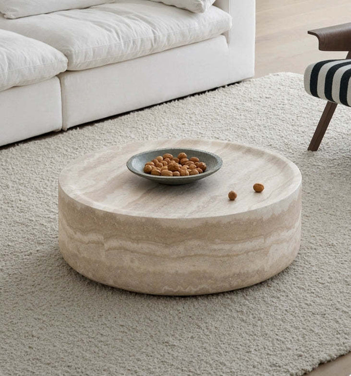 Modern Round Faux Travertine Coffee Table – 31.5" Fiberglass Center Table for Living Room, No Assembly Needed Sangria Beech