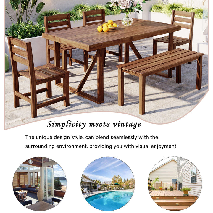 6-Piece Outdoor Acacia Wood Dining Set – Includes Table, Bench & 4 Chairs – Modern Patio Furniture for Garden, Balcony, or Deck (Brown) Sangria Beech