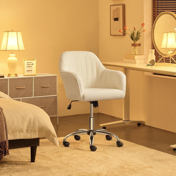 Tufted Vanity Chair with Vertical Channel Tufts, Height-Adjustable Swivel Desk Chair – Soft Boucle Upholstery & Polished Chrome Legs, Modern Makeup Room Chair Peach Maple