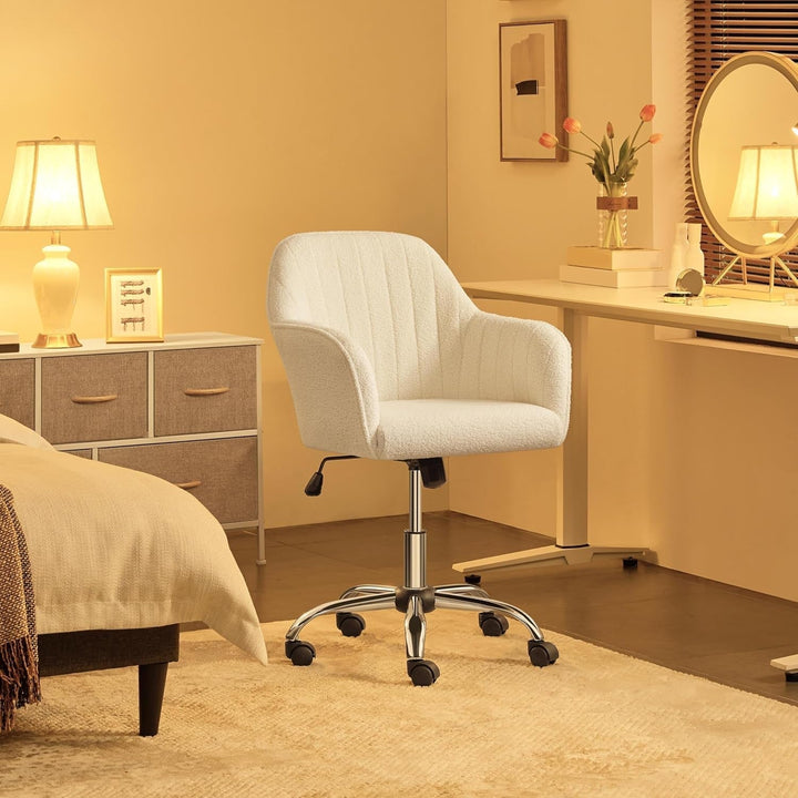 Tufted Vanity Chair with Vertical Channel Tufts, Height-Adjustable Swivel Desk Chair – Soft Boucle Upholstery & Polished Chrome Legs, Modern Makeup Room Chair Peach Maple