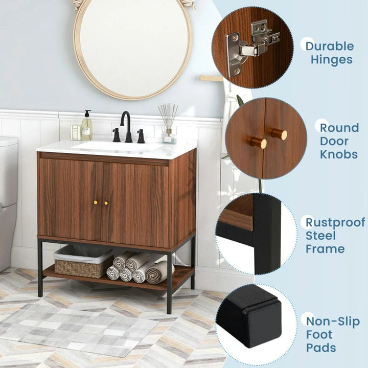 Modern Walnut Wood Bathroom Vanity with White SMC Sink, Stainless Steel Faucet & Ample Storage – 31” Vanity Cabinet with Pop-Up Drain and Anti-Toppling Safety Yellow Crius