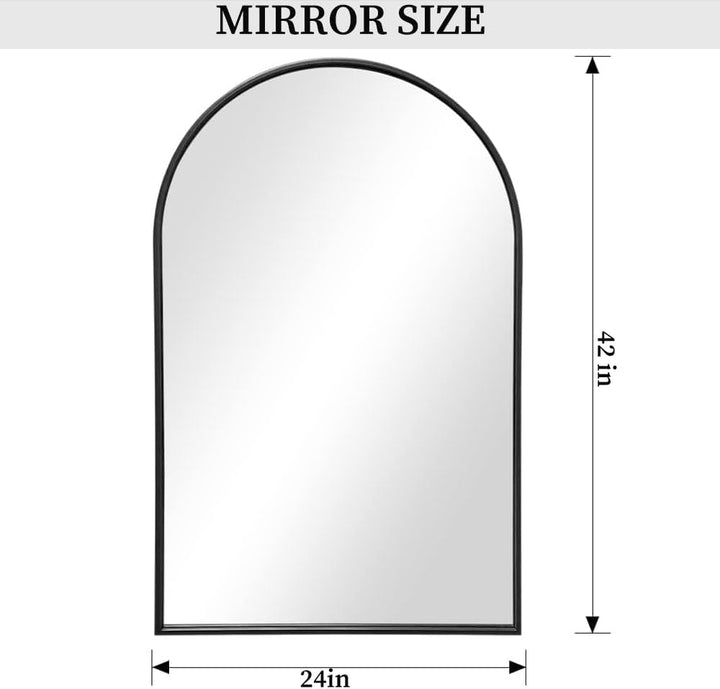 Modern Arched Bathroom Mirror 24"x42" – Shatterproof Copper-Free Silver Glass, Black or Gold Frame, Wall-Mounted or Leaning Peach Maple