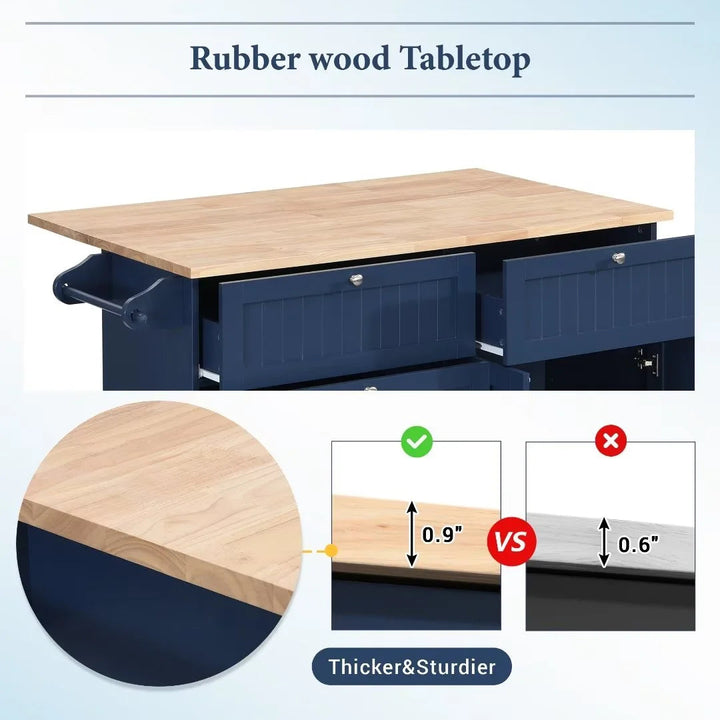 Farmhouse Kitchen Island Set with Drop Leaf Tabletop, 4 Drawers & Adjustable Shelf, Includes 2 Dining Stools – Blue Rubberwood & MDF Storage Island Sangria Beech