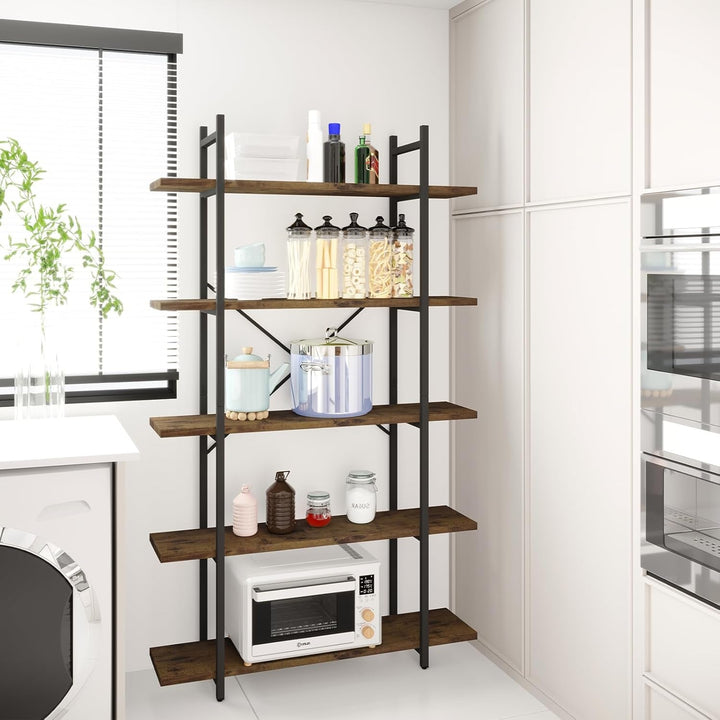 Rustic 5-Tier Bookshelf with Faux Marble Wood Shelves – Industrial Bookcase with Metal Frame and X-Brace, 31.5" Wide Ladder Shelf for Living Room, Kitchen, or Office Peach Maple