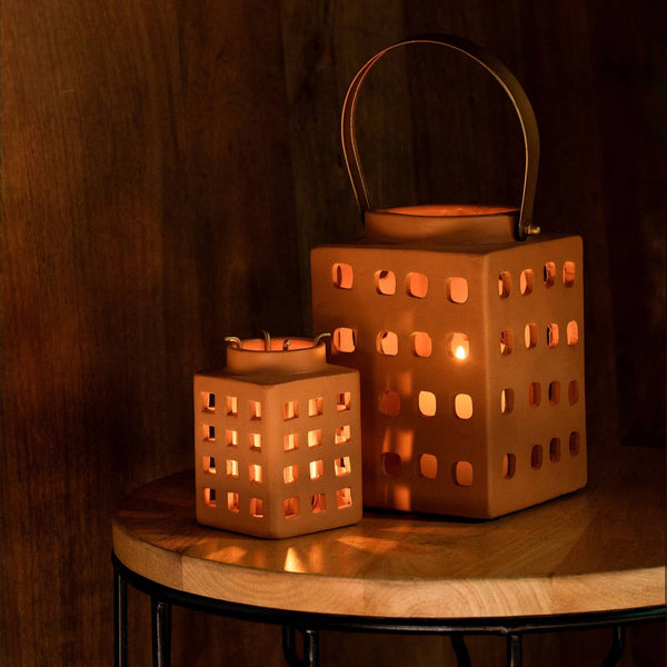 Lupa Terracotta Square Lantern with Metal Handle - Large  Rustic Elegance for Your Space-7X5.1X7.4' GH Modern Living