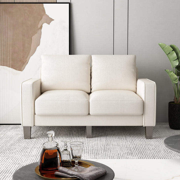 Beige Compact Loveseat Sofa with Coil Springs – Durable Solid Wood Frame, Black Legs, Removable Cushion Covers, Perfect for Small Spaces Sangria Beech