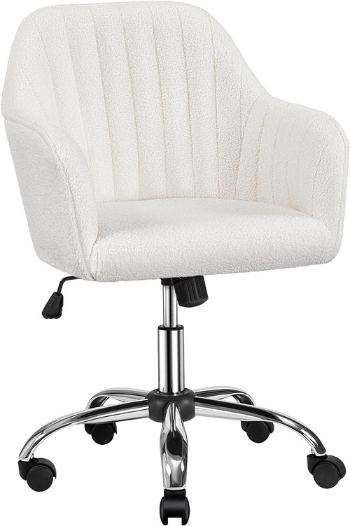 Tufted Vanity Chair with Vertical Channel Tufts, Height-Adjustable Swivel Desk Chair – Soft Boucle Upholstery & Polished Chrome Legs, Modern Makeup Room Chair Peach Maple