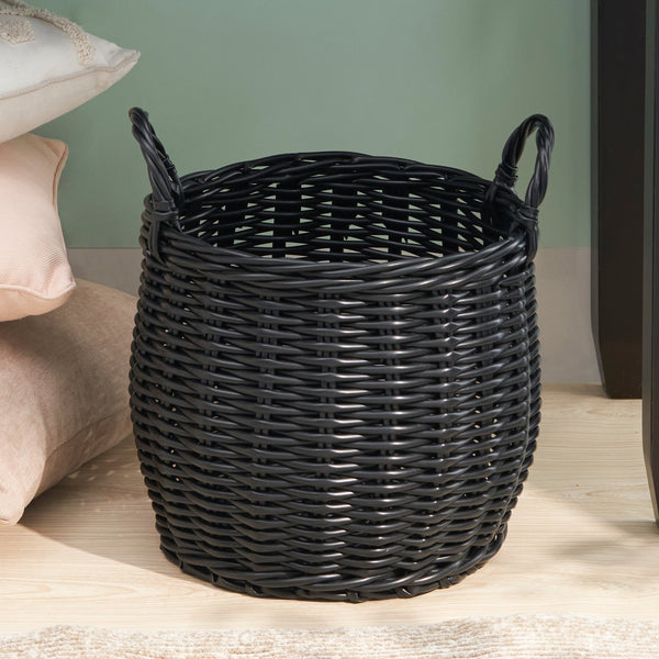 Lucius Round Resin Woven Wicker Basket with Handles - 13' x 13' x 10.2' - Black - For Clothes, Towels, Toys, Magazines Storage and Home Decoration GH Modern Living