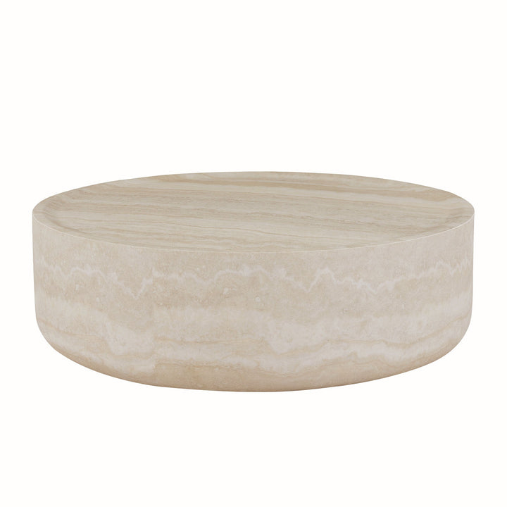 Modern Round Faux Travertine Coffee Table – 31.5" Fiberglass Center Table for Living Room, No Assembly Needed Sangria Beech