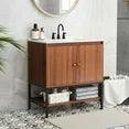 Modern Walnut Wood Bathroom Vanity with White SMC Sink, Stainless Steel Faucet & Ample Storage – 31” Vanity Cabinet with Pop-Up Drain and Anti-Toppling Safety Yellow Crius