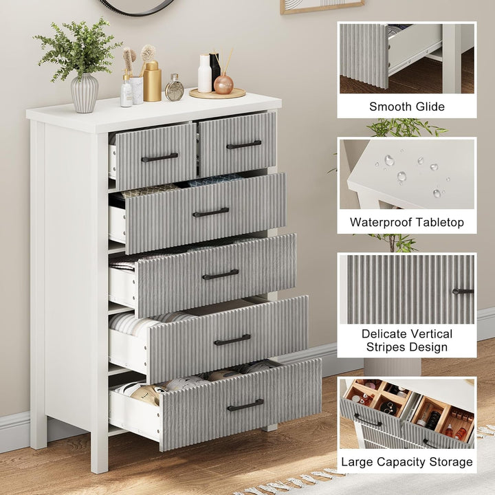 Modern 6 Drawer White Dresser with Fluted Panels – Stylish & Durable Storage for Bedroom, Living Room & Hallway Peach Maple