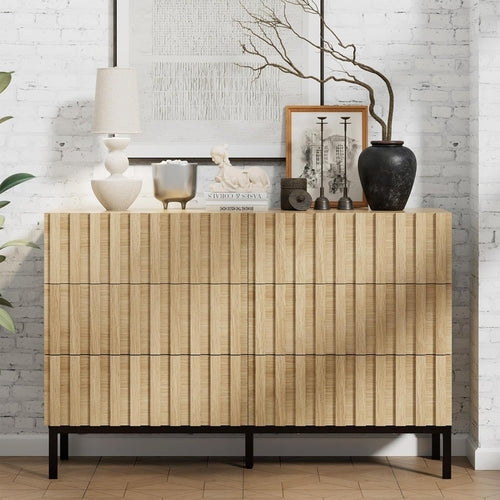 Modern 6-Drawer Wooden Dresser with Vertical Accent Lines – Spacious Bedroom Storage & TV Stand, Natural Wood Finish Peach Maple