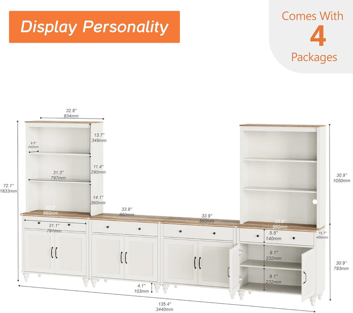 Farmhouse Style Entertainment Center with Bookshelves for TVs Up to 75" (White) Peach Maple