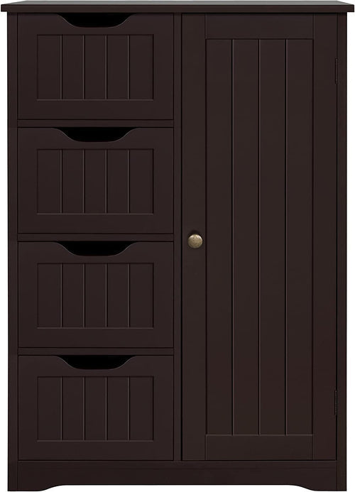 Wooden Bathroom Floor Cabinet with 4 Drawers & Adjustable Shelf Cupboard – Freestanding Storage Organizer Peach Maple