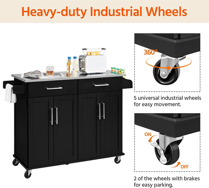 Black Kitchen Island Cart with Stainless Steel Top – Mobile Storage Cabinet with 2 Drawers, Adjustable Shelves & Wheels Yellow Crius