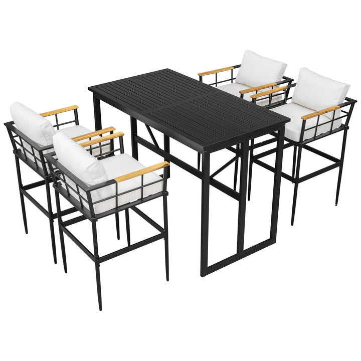 5-Piece Outdoor Dining Set with Iron Table & Acacia Wood Armrests – Beige Cushioned Chairs, High-Back Design for Patio, Garden, or Backyard Sangria Beech