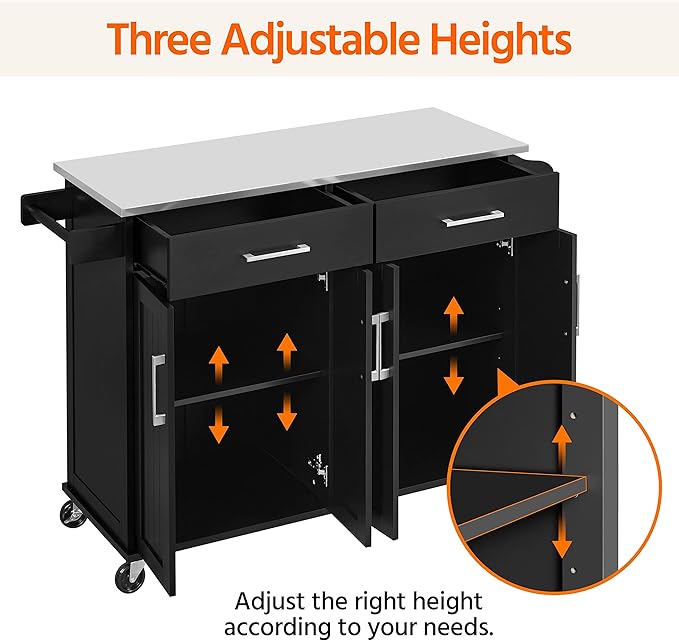 Black Kitchen Island Cart with Stainless Steel Top – Mobile Storage Cabinet with 2 Drawers, Adjustable Shelves & Wheels Yellow Crius