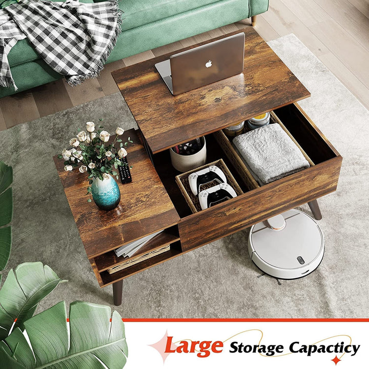 Modern Lift-Top Coffee Table with Hidden Storage & Removable Shelf – Rustic Wood Finish, 39.4" Center Table for Living Room Peach Maple