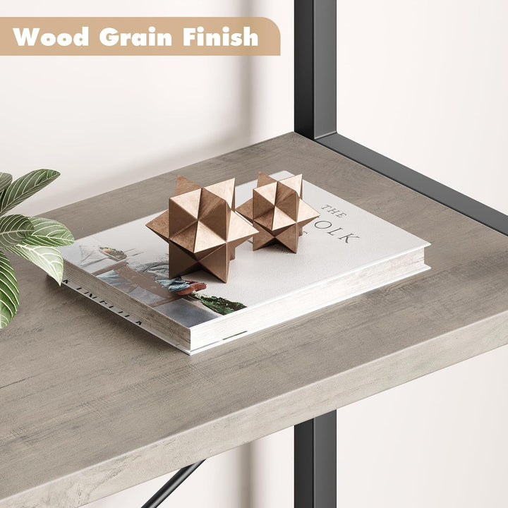IDEALHOUSE 5-Tier Tall Bookshelf with Wood Grain MDF & Metal Frame – Industrial Grey Bookcase with Gold Accents, X-Shaped Support, Adjustable Feet, and Anti-Tip Safety Straps (23.6" W x 70.9" H) Peach Maple