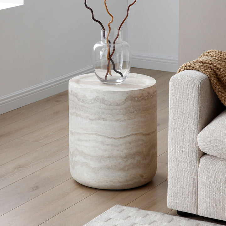 Modern Beige Round Fiberglass Coffee Table – Faux Travertine Side Table for Living Room Sangria Beech
