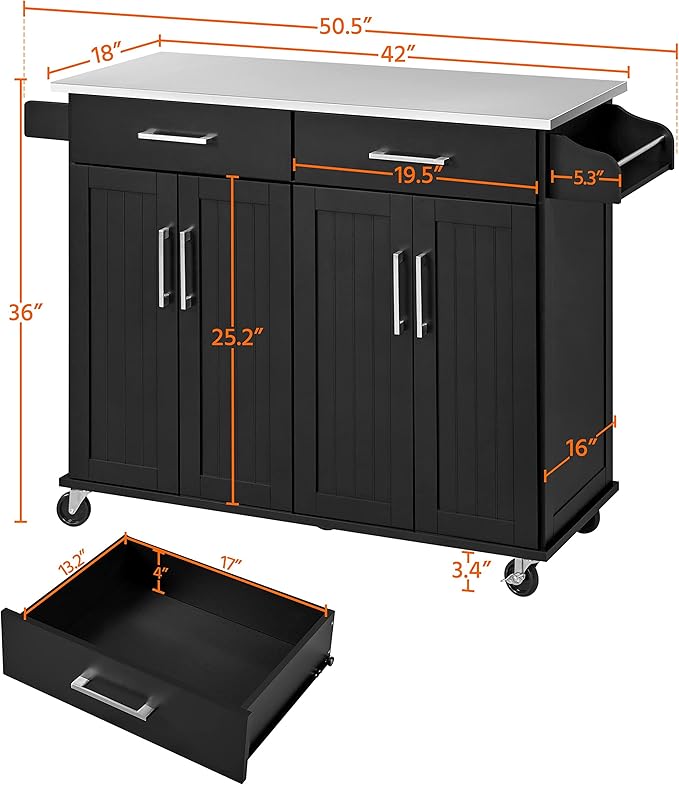 Black Kitchen Island Cart with Stainless Steel Top – Mobile Storage Cabinet with 2 Drawers, Adjustable Shelves & Wheels Yellow Crius