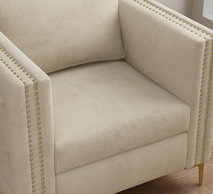 Beige Velvet Accent Chair with Gold Metal Legs – Tufted Armrests & Spring Foam Cushion for Living Room and Bedroom Sangria Beech