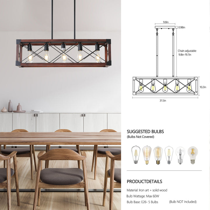 5-Light Farmhouse Chandelier – Red Wood and Black Iron Kitchen Island Pendant Light, Adjustable Height, E26 Base, Rustic Industrial Ceiling Fixture for Dining Room, Living Room, Entryway Sangria Beech