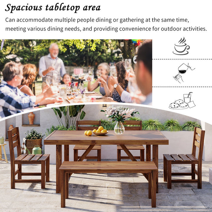 6-Piece Outdoor Acacia Wood Dining Set – Includes Table, Bench & 4 Chairs – Modern Patio Furniture for Garden, Balcony, or Deck (Brown) Sangria Beech