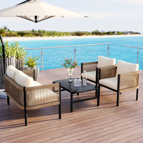 5-Piece Modular Outdoor Sofa Set with Tempered Glass Table – Beige Cushions, PE Wicker & Rust-Resistant Iron Frame Sangria Beech