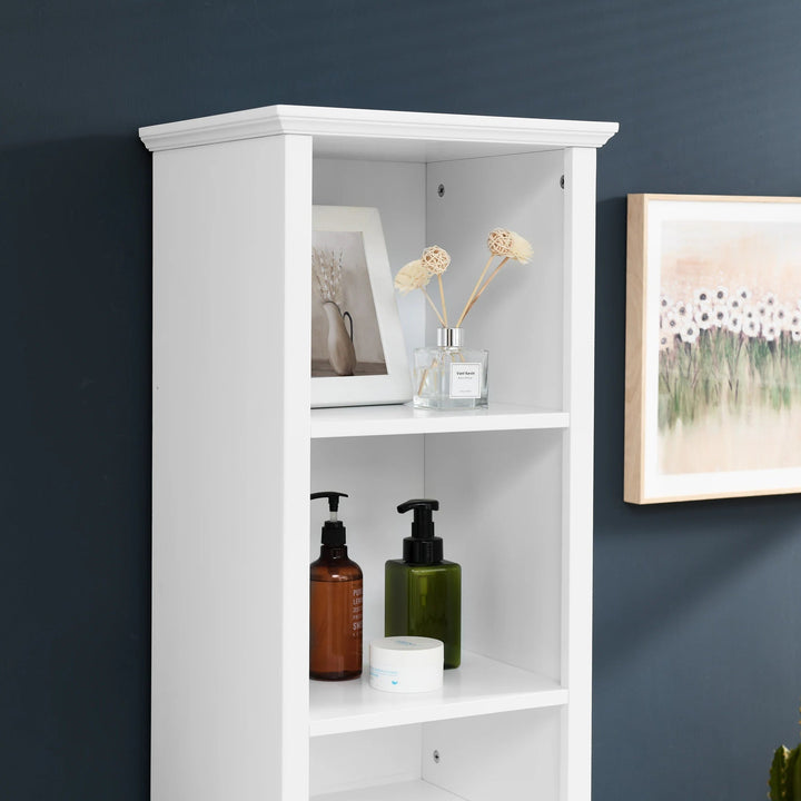 64" Tall White Bathroom Storage Cabinet with Laundry Hamper – Floor Standing Organizer with 4 Adjustable Shelves, Hidden Storage for Small Spaces CJDropshipping