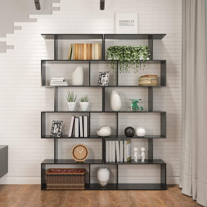 6-Tier Black S-Shaped Modern Geometric Bookshelf – Space-Saving Display & Storage Shelf Peach Maple